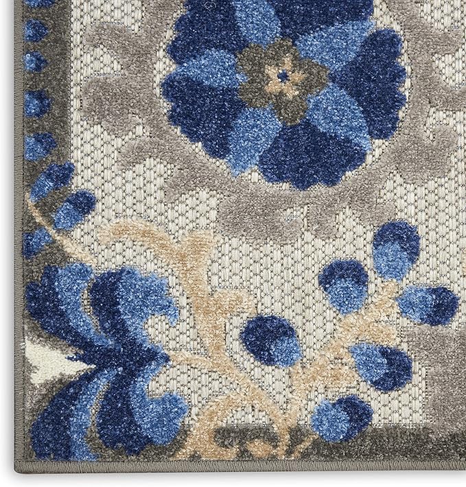 Nourison Aloha Indoor/Outdoor Natural/Blue 2' x 6' Area Rug, Easy Cleaning, Non Shedding, Bed Room, Living Room, Dining Room, Backyard, Deck, Patio (2x6)