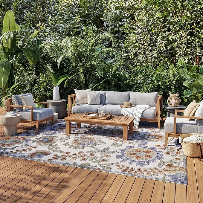 Nourison Home Aloha Ivory Blue 9' x 12' Area Rug - Easy Clean, Non Shedding, Bed Room, Living Room, Dining Room, Kitchen (9' x 12')