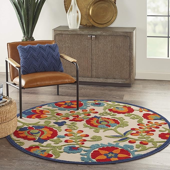 Nourison Aloha Indoor/Outdoor Multicolor 4' x Round Area Rug, Easy Cleaning, Non Shedding, Bed Room, Living Room, Dining Room, Backyard, Deck, Patio (4 Round)