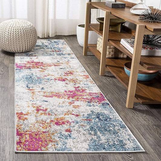 JONATHAN Y Sunset Modern Abstract Blue/Multi Runner Rug, 2x8, Contemporary, Transitional, Easy-Cleaning for Living Room, Bedroom, Kitchen, Pet Friendly, Non-Shedding (CTP114A-28)