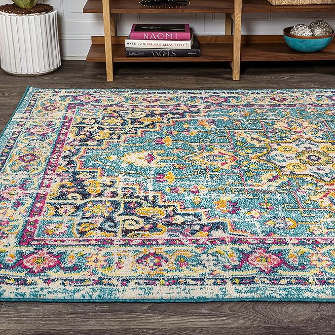 JONATHAN Y Brooklyn Geometric Medallion Blue/Multi Indoor Area Rug, 5x8, Vintage, Bohemian, Easy-Cleaning for Living Room, Bedroom, Kitchen, Pet Friendly, Non-Shedding (MDP207E-5)