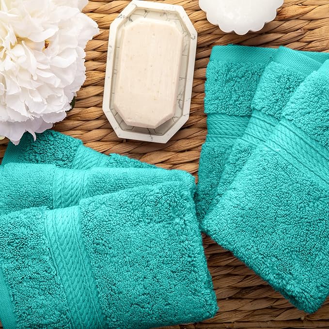 Superior Egyptian Cotton Pile Face Towel/Washcloth Set of 6, Ultra Soft Luxury Towels, Thick Plush Essentials, Absorbent Heavyweight, Guest Bath, Hotel, Spa, Home Bathroom, Shower Basics, Turquoise