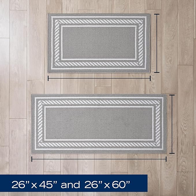 Nautica – Runner Rug 2 Piece Set | Indoor Runners for Hallways and Entry Rugs| Non-Skid Entry and Kitchen Door Mat| Machine Washable Carpet Rugs | 2'2" x 3'9" and 2'2" x 5' | Rope Border Light Grey
