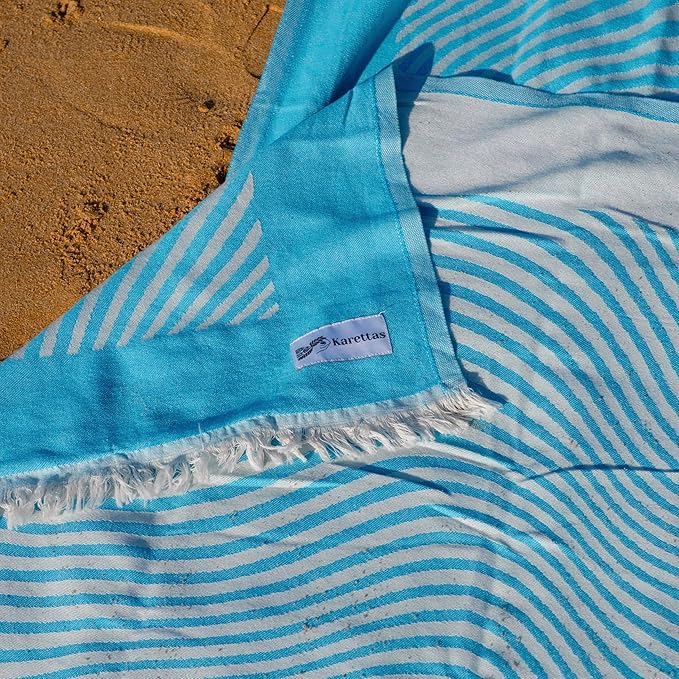 Turkish Beach Towel - 100% Organic Cotton - Soft, Quick-Dry, Sand Proof, Prewashed - Lightweight & Oversized for Beach, Pool, Yoga, Bath, Travel, Gym, Throw - Turqua (Blue)
