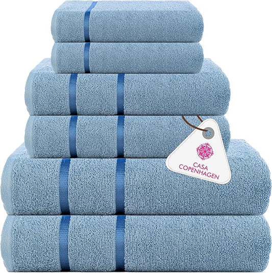 CASA COPENHAGEN Eternal 6 Pieces Towel Set- Dusty Blue, 500 GSM 2 Bath Towel 2 Hand Towel 2 Washcloth, Designed in Denmark Made of Soft Egyptian Cotton for Bathroom, Kitchen & Shower