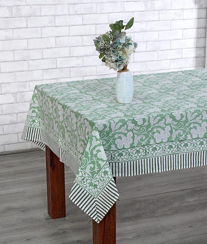 Ridhi Sage Green Hand Block Print Cotton Rectangle Tablecloth 140" x 72" inches Reusable Table Cover Decorative Everyday Use for Dining, Farmhouse, Home, Party, Festive, Wedding, Fall