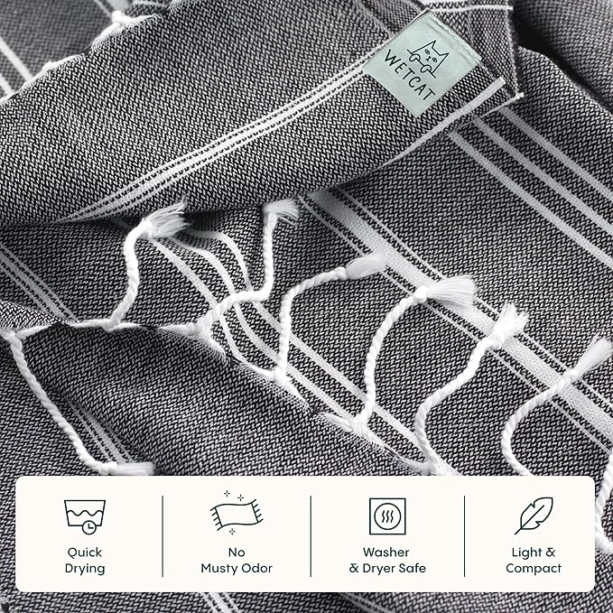 WETCAT Turkish Hand Towels with Hanging Loop, Set of 2 (20" x 30") 100% Turkish Cotton, Pre-Washed, Quick Drying, for Kitchen or Bathroom - Black