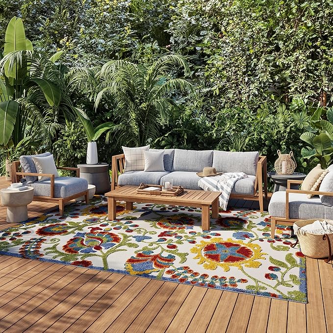 Nourison Home Aloha Ivory Multicolor 6' x 9' Area Rug - Easy Clean, Non Shedding, Bed Room, Living Room, Dining Room, Kitchen (6' x 9')