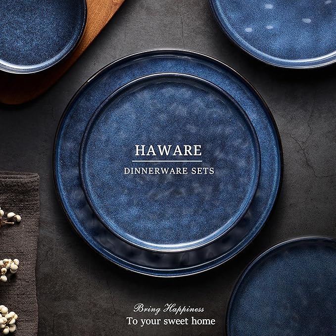 HaWare Dinnerware Sets, 16-Piece Plates and Bowls Set, Stoneware Dish Set for 4, Ceramic Dishware Set for Pasta Cereal, Chip and Scratch Resistant, Microwave and Dishwasher Safe, Reactive Starry Blue