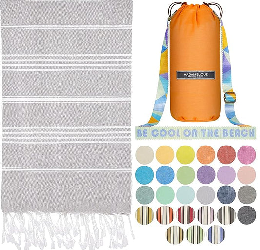 Madamelique Turkish Beach Towel with Beach Bag - 39 x 74 - Prewashed Beach Towels Oversized -%100Cotton - Quick Dry - Sand Free - Hand Loomed Turkish Bath Towels - Unique Absorbent Towel (Gray)