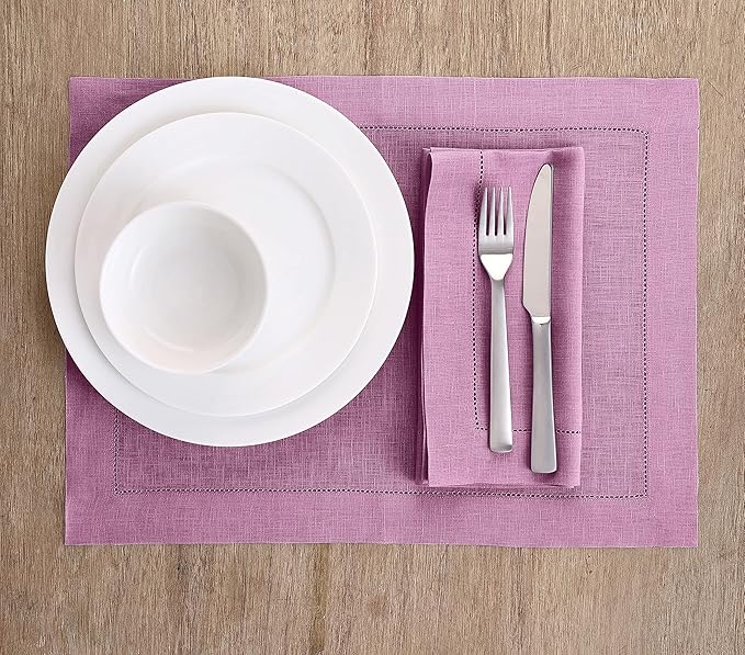 Solino Home Linen Cloth Placemats Set of 4-100% Pure Linen Hemstitch Violet Placemats 14 x 19 Inch - Classic Hemstitch Table Place Mats for Valentines
