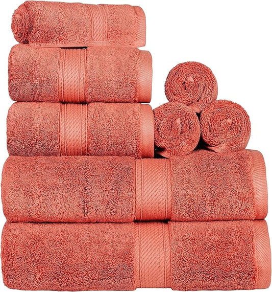 Superior Egyptian Cotton Pile 8 Piece Towel Set, Includes 2 Bath, 2 Hand, 4 Face Towels/Washcloths, Ultra Soft Luxury Towels, Thick Plush Essentials, Guest Bath, Spa, Hotel Bathroom, Coral
