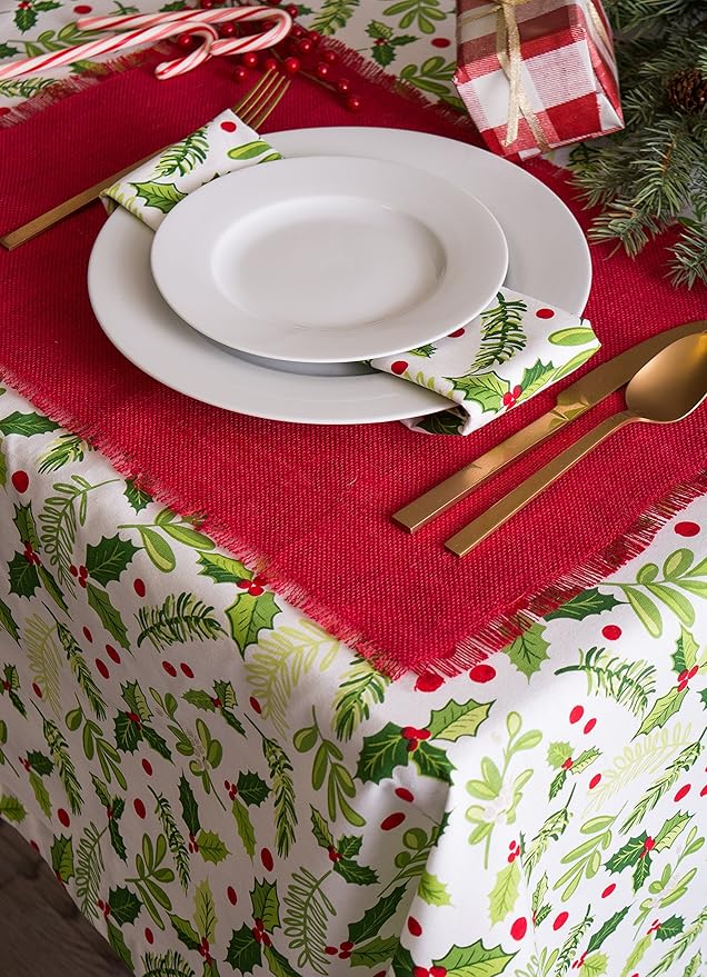 DII Boughs of Holly Collection Decorative Holiday Dining Table & Kitchen Décor, Square Tablecloth, 52x52, Christmas Greenery