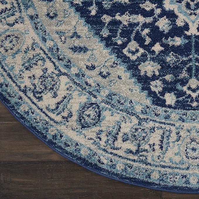 Nourison Home Tranquil Ivory/Navy 5'3" x Area Rug, Distressed, Bed, Living, Dining Room, Kitchen, Easy Cleaning, Non Shedding, (5' Round)
