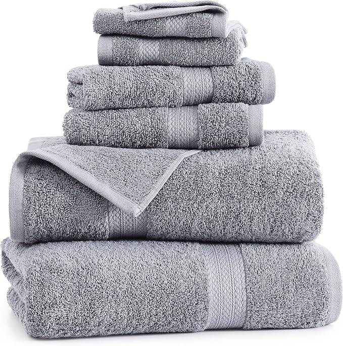 Lane Linen 100% Mercerized Cotton Luxury Bathroom Towels Set - 6 Pieces - Ring Spun Technology - 2 Bath, 2 Washcloths, 2 Hand Towels - Suitable for All Skin Types including Sensitive Skin - Space Grey