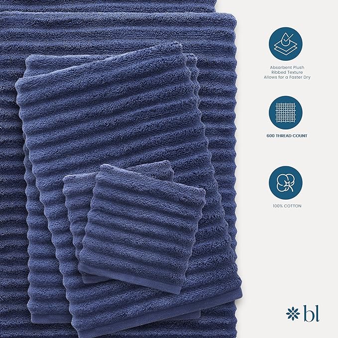 Blue Loom Ribbed Bath Towels Set, 100% Cotton 600GSM, Soft Absorbent Durable 2 Bath Towels, 2 Hand Towels, 2 Wash Cloths for Bathroom - Mason (58" x 30" inch Towels) (Navy, 6 Piece)