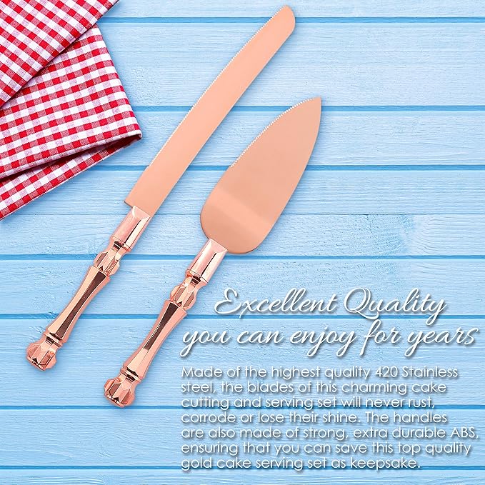 Homi styles Wedding Cake knife and Server Set | Elegant Rose Gold Color Premium 420 Stainless Steel plated Blades | Cake & Pie Serving Set for Wedding Cake, Birthdays, Anniversaries, Parties