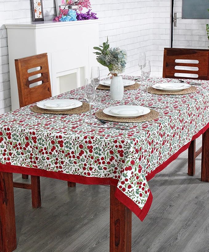Ridhi Garnet Red and Emerald Green Indian Floral Hand Block Printed Cotton Cloth Tablecloth, Table Cover, Farmhouse Thanksgiving Christmas 4 Seater 60x60 Inches Square