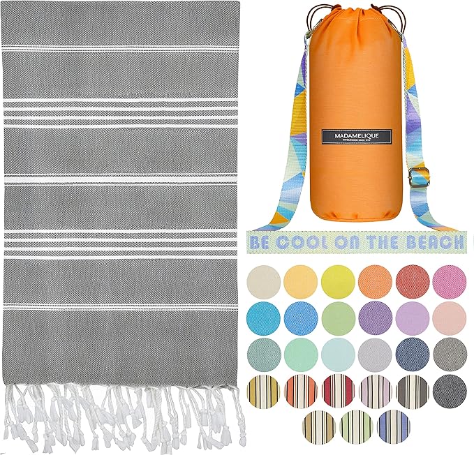 Madamelique Turkish Beach Towel with Beach Bag - 39 x 74 - Prewashed Beach Towels Oversized -%100Cotton - Quick Dry - Sand Free - Hand Loomed Turkish Bath Towels - Unique Absorbent Towel (Dark Gray)