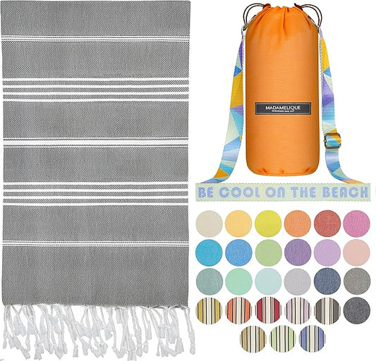 Madamelique Turkish Beach Towel with Beach Bag - 39 x 74 - Prewashed Beach Towels Oversized -%100Cotton - Quick Dry - Sand Free - Hand Loomed Turkish Bath Towels - Unique Absorbent Towel (Dark Gray)