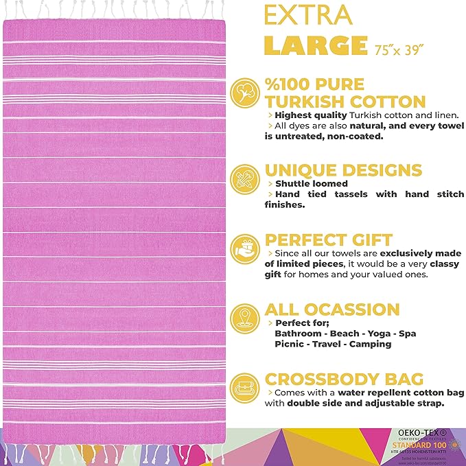 Madamelique Turkish Beach Towel with Beach Bag - 39 x 74 - Prewashed Beach Towels Oversized -%100Cotton - Quick Dry - Sand Free - Hand Loomed Turkish Bath Towels - Unique Absorbent Towel (Pink)