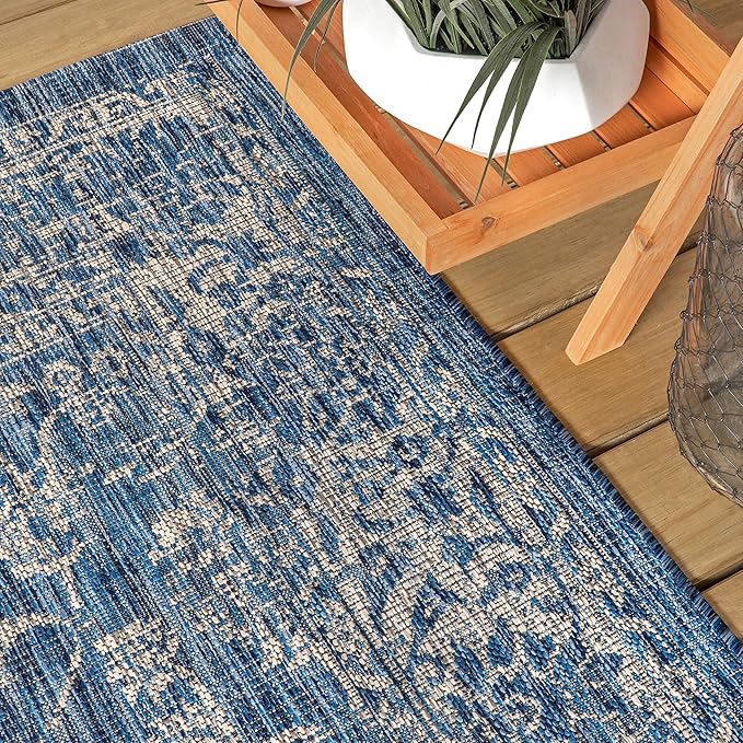JONATHAN Y Weave Floral Indoor Outdoor Square Area Rug 4X4 Navy/Gray, Tela Bohemian Textured for Backyard, Patio, Porch, Easy-Cleaning, High Traffic, Pet-Friendly, Non-Shedding (SMB100B-4SQ)