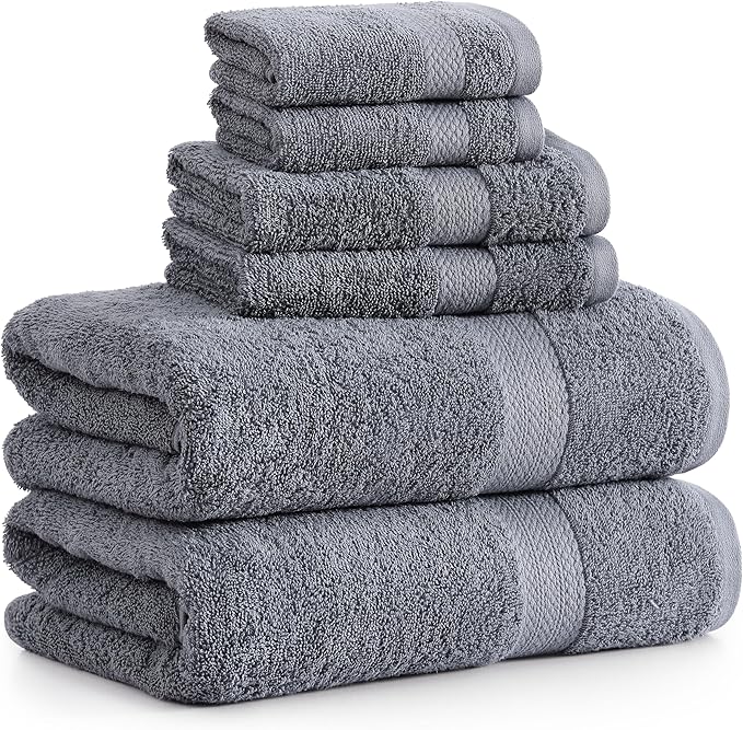 Lane Linen 100% Cotton Luxury Bathroom Towel Set - 6 Pcs - RingSpun, QuickDry, Very Soft & Highly Absorbent - 2 Large Bath Towels, 2 Washcloths, 2 Hand Towels - Pre Shrunk & Fade Resistant - Cool Grey