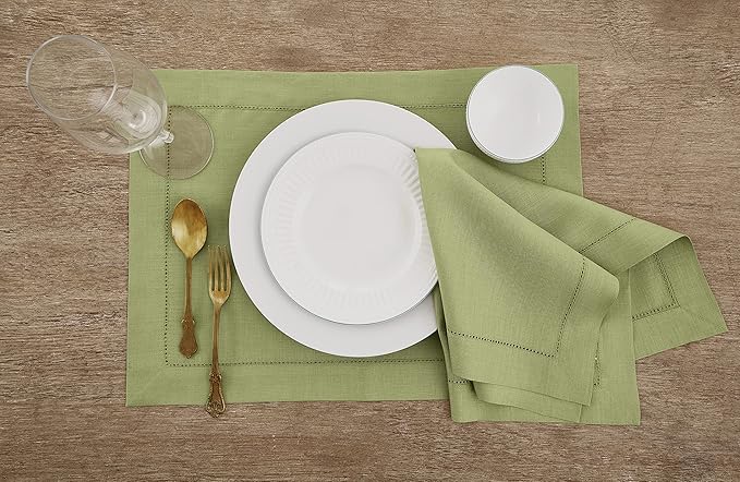 Solino Home Linen Placemats Set of 4 - Classic Hemstitch Moss Green Placemats 14 x 19 Inch - 100% Pure Linen Table Mats for Winter