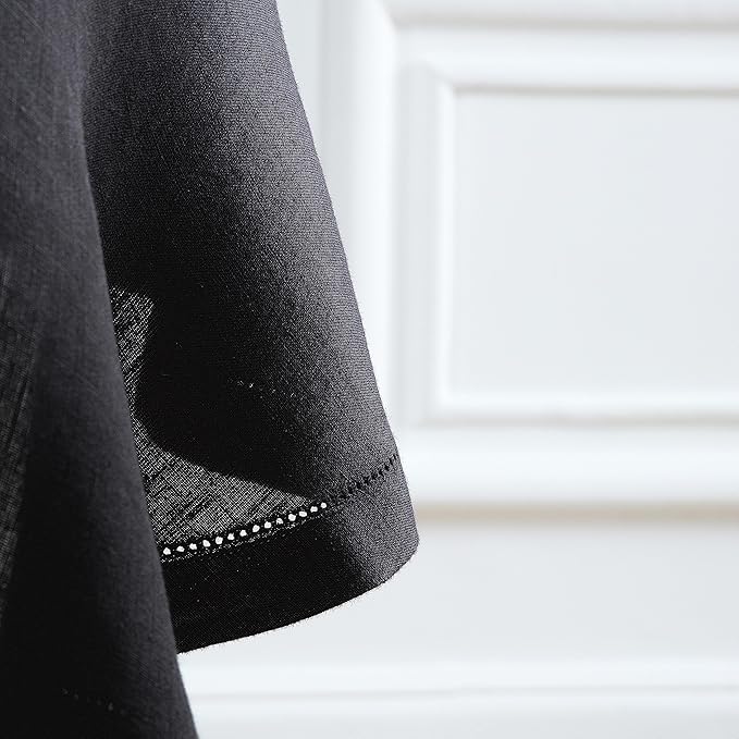 Solino Home Linen Round Tablecloth 70 Inch - 100% Pure Linen Black Round Tablecloth - Machine Washable Table Cloth for Winter, New Year - Sonoma Hemstitch