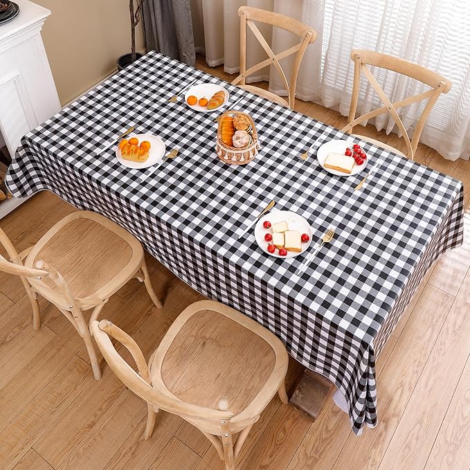 Heavy Duty Vinyl Tablecloth with Flannel Backing Waterproof Oil-Proof Plastic Table Cloth Stain-Resistant Wipeable Rectangle or Square Table Cover for Indoor and Outdoor (Black Checkered, 60x84 Inch)