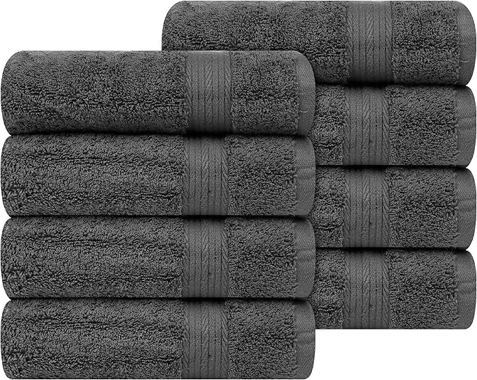 Ample Decor Hand Towel 18 X 28 Inch Pack of 8 600 GSM 100% Cotton,Oeko Tex Certified Soft Absorbent Thick Durable Premium Quality, for Hotel, Bathroom, Spa, Daily Use,Gym -Machine Washable -Grey