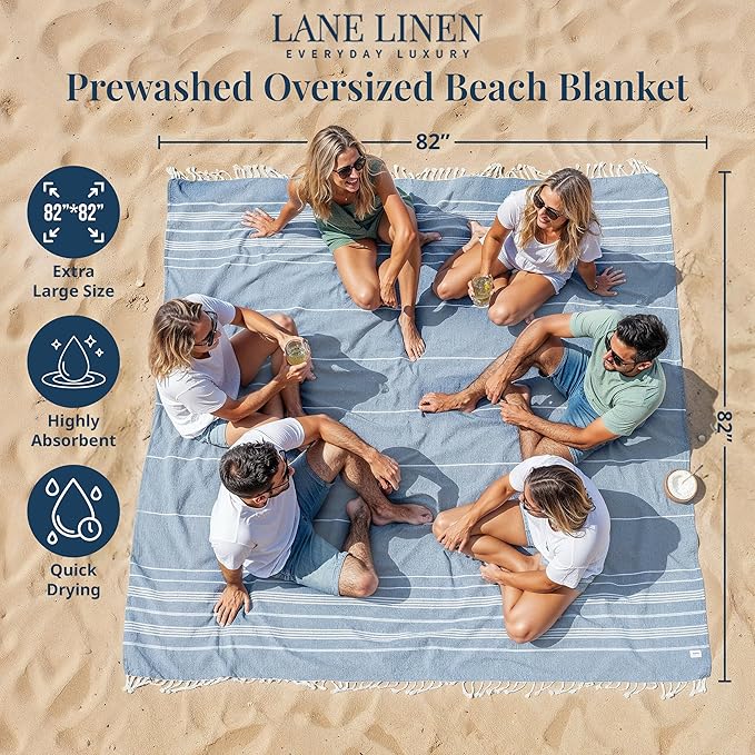LANE LINEN Beach Towels Oversized - Picnic Blankets (82x82), Sand- Free Beach Accessories Must Haves for Family Vacations, Park Outings with Easy Carry, Quick Setup & Dry, Machine Washable – Sky Blue