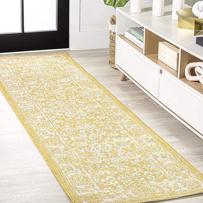 JONATHAN Y Weave Floral Indoor Outdoor Runner Rug 2X10 Yellow/Cream, Tela Bohemian Textured for Backyard, Patio, Porch, Easy-Cleaning, High Traffic, Pet-Friendly, Non-Shedding (SMB100E-210)