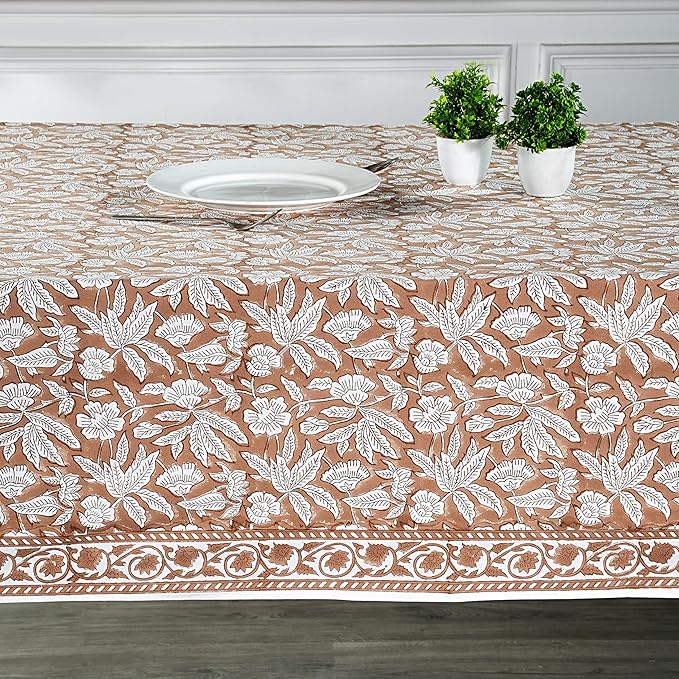 Ridhi Oak Brown Hand Block Print Cotton Rectangle Tablecloth 120" x 80" inches Reusable Table Cover Decorative Everyday Use for Dining, Farmhouse, Home, Party, Festive, Wedding, Fall