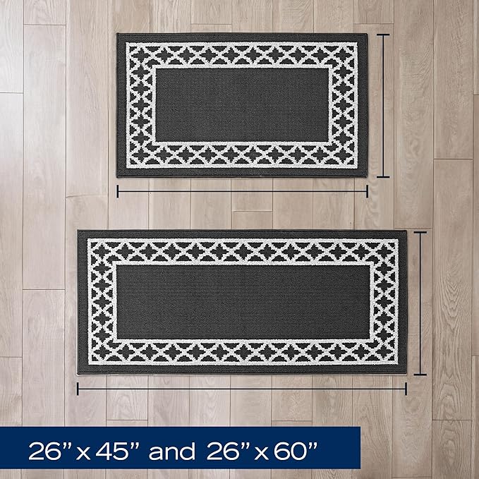 Nautica – Runner Rug 2 Piece Set | Indoor Runners for Hallways and Entry Rugs| Non-Skid Entry and Kitchen Door Mat| Machine Washable Carpet Rugs | 2'2" x 3'9" and 2'2" x 5' | Trellis Black