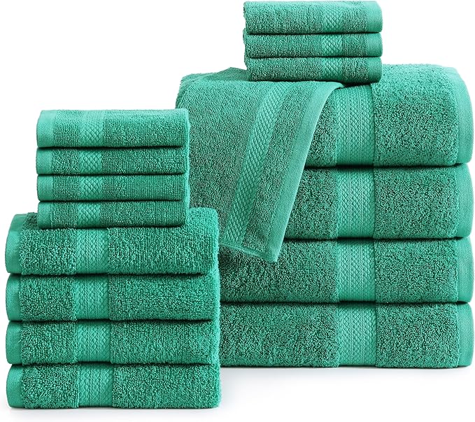 LANE LINEN 100% Ring Spun Cotton Premium Bath Towel Set, 18Pcs Turkish Towels & Washcloths Sets - 4 Bath, 8 Washcloths, 6 Hand - Sustainably Produced, Quick Drying & Gentle on Skin - Emerald