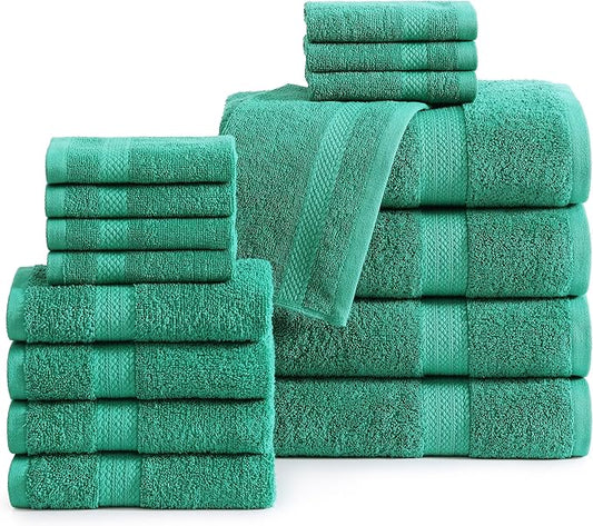 LANE LINEN 100% Ring Spun Cotton Premium Bath Towel Set, 18Pcs Turkish Towels & Washcloths Sets - 4 Bath, 8 Washcloths, 6 Hand - Sustainably Produced, Quick Drying & Gentle on Skin - Emerald