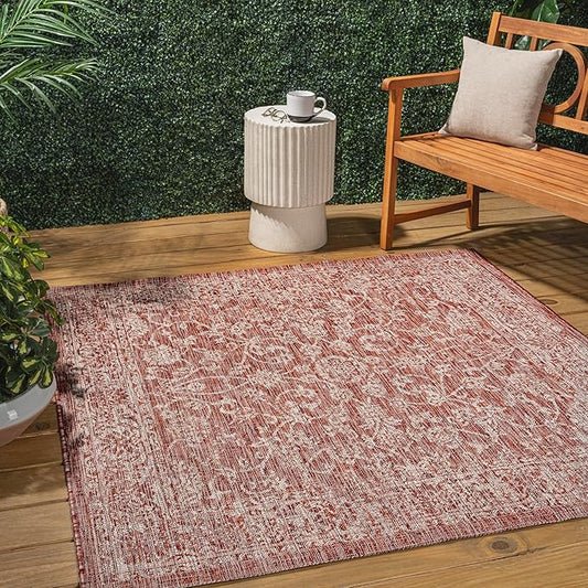 JONATHAN Y Weave Floral Indoor Outdoor Square Area Rug 3X3 Red/Taupe, Tela Bohemian Textured for Backyard, Patio, Porch, Easy-Cleaning, High Traffic, Pet-Friendly, Non-Shedding (SMB100A-3SQ)