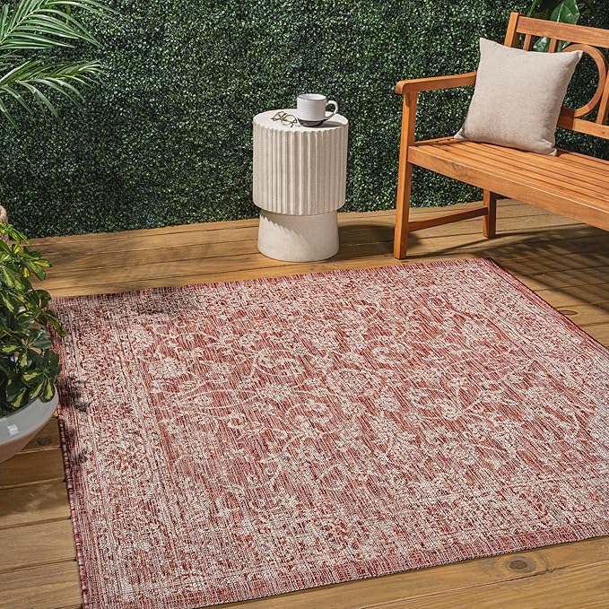 JONATHAN Y Weave Floral Indoor Outdoor Square Area Rug 8X8 Red/Taupe, Tela Bohemian Textured for Backyard, Patio, Porch, Easy-Cleaning, High Traffic, Pet-Friendly, Non-Shedding (SMB100A-8SQ)