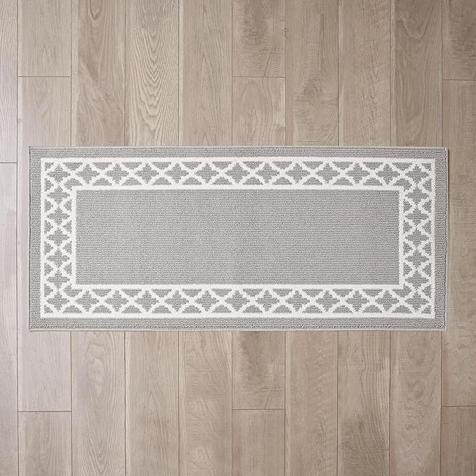 Nautica Runner Rug | Indoor Carpet for Entryway & Hallway Rug| Non-Slip and Non-Skid Entry | Machine Washable Low Profile Floor Mat | 26" x 72"| Trellis Border Light Grey and White