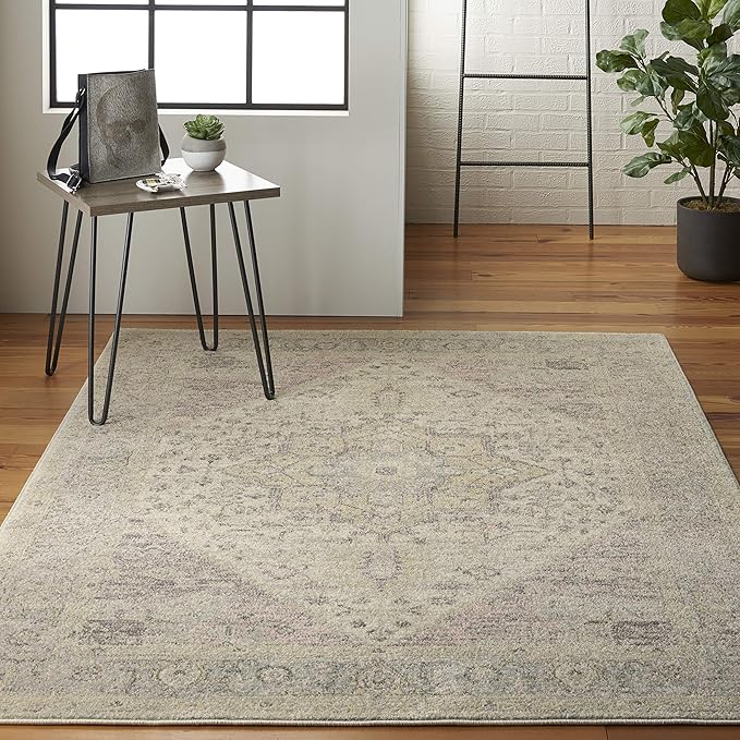 Nourison Home Tranquil Ivory/Pink 5'3" x 7'3" Area Rug, Distressed, Bed, Living, Dining Room, Kitchen, Easy Cleaning, Non Shedding, (5' x 7')