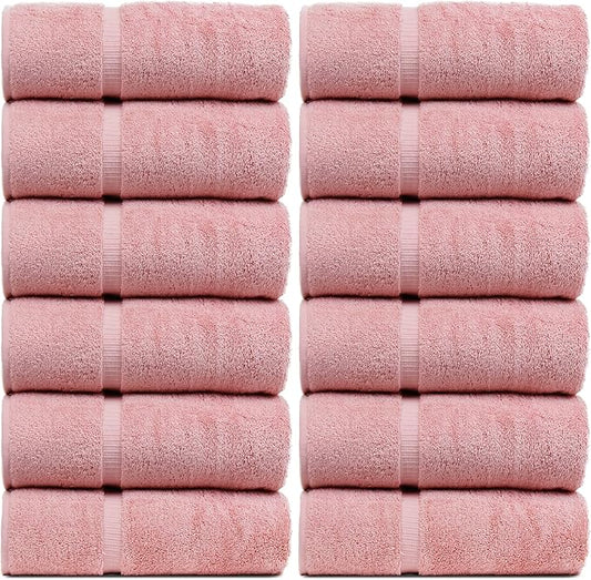 Luxury Hotel & Spa Quality, 100% Turkish Cotton 700 GSM Cloth, Towel, for Body wash, Makeup & Facial Cleaning, Baby, face, loofah, Dobby Border Soft washcloths Towel Set 13" X 13", Pink, Set of 12