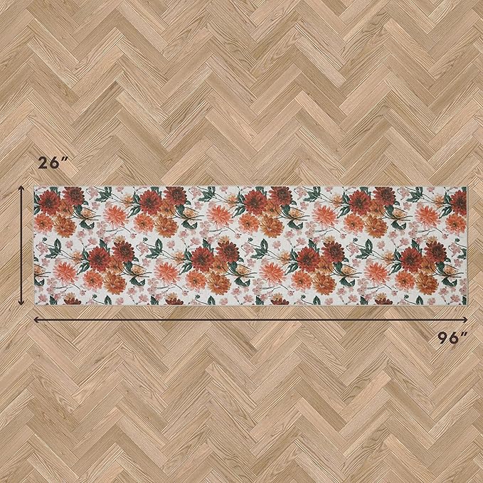 Laura Ashley Beige Dahlias Floral Machine Washable & Slip Resistant 26" x 96" Runner Rug