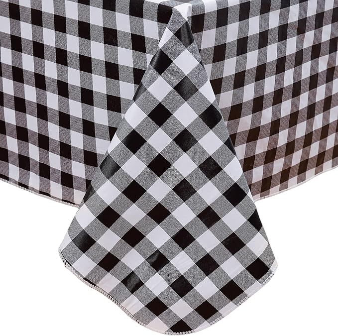 Heavy Duty Vinyl Tablecloth with Flannel Backing Waterproof Oil-Proof Plastic Table Cloth Stain-Resistant Wipeable Rectangle or Square Table Cover for Indoor and Outdoor (Black Checkered, 60x84 Inch)
