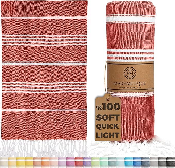 Madamelique Turkish Beach Towel Oversized - 39 x 74 - Quick Dry - Sand Free - Extra Large - Prewashed Beach Towels Beach Essentials - Travel Towel (Mediterranean Without Bag, Red)
