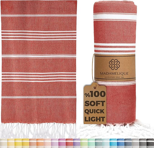 Madamelique Turkish Beach Towel Oversized - 39 x 74 - Quick Dry - Sand Free - Extra Large - Prewashed Beach Towels Beach Essentials - Travel Towel (Mediterranean Without Bag, Red)