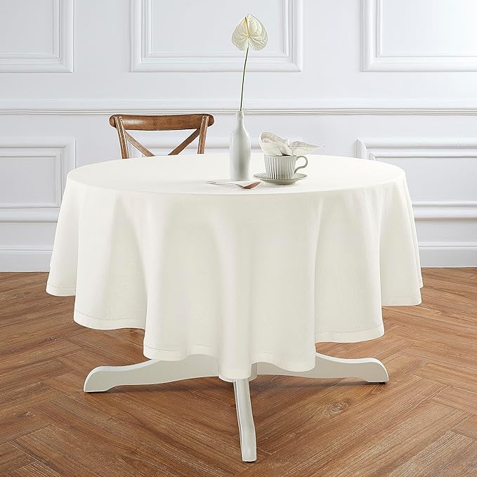 Solino Home Linen Round Tablecloth 70 Inch - 100% Pure Linen Ivory Round Tablecloth - Machine Washable Table Cloth for New Year - Sonoma Hemstitch