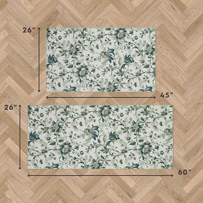 Laura Ashley Beige Edita's Garden Floral Machine Washable & Slip Resistant 2 Piece Set - 26" x 45" Accent Rug & 26" x60" Runner Rug