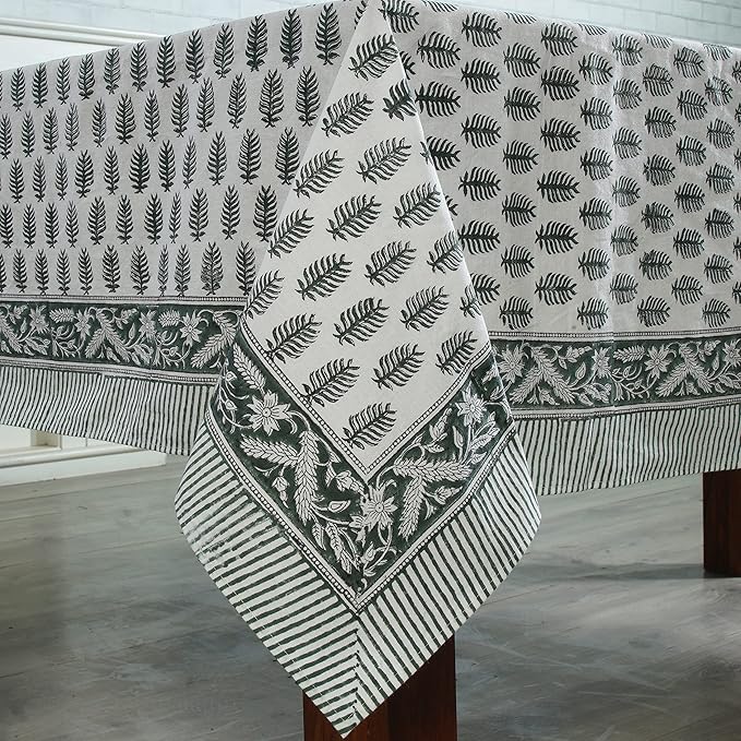 Ridhi Emerald Green Hand Block Print Cotton Rectangle Tablecloth 102" x 48" inches Reusable Table Cover Decorative Everyday Use for Dining, Farmhouse, Home, Party, Festive, Wedding, Fall