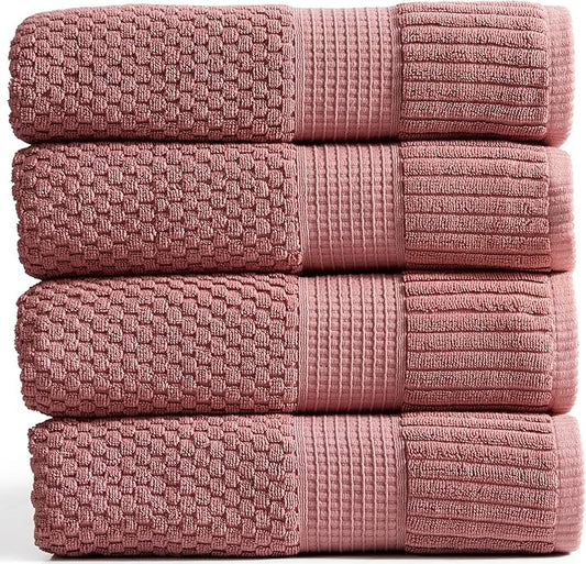 NY Loft 100% Cotton Bath Towel 4 Pack | Super Soft & Absorbent Quick-Dry Bath Towels 30" x 52" | Textured and Durable Cotton | Premium Thick Towels | Trinity Collection (4 Pack Bath Towel, Rose)